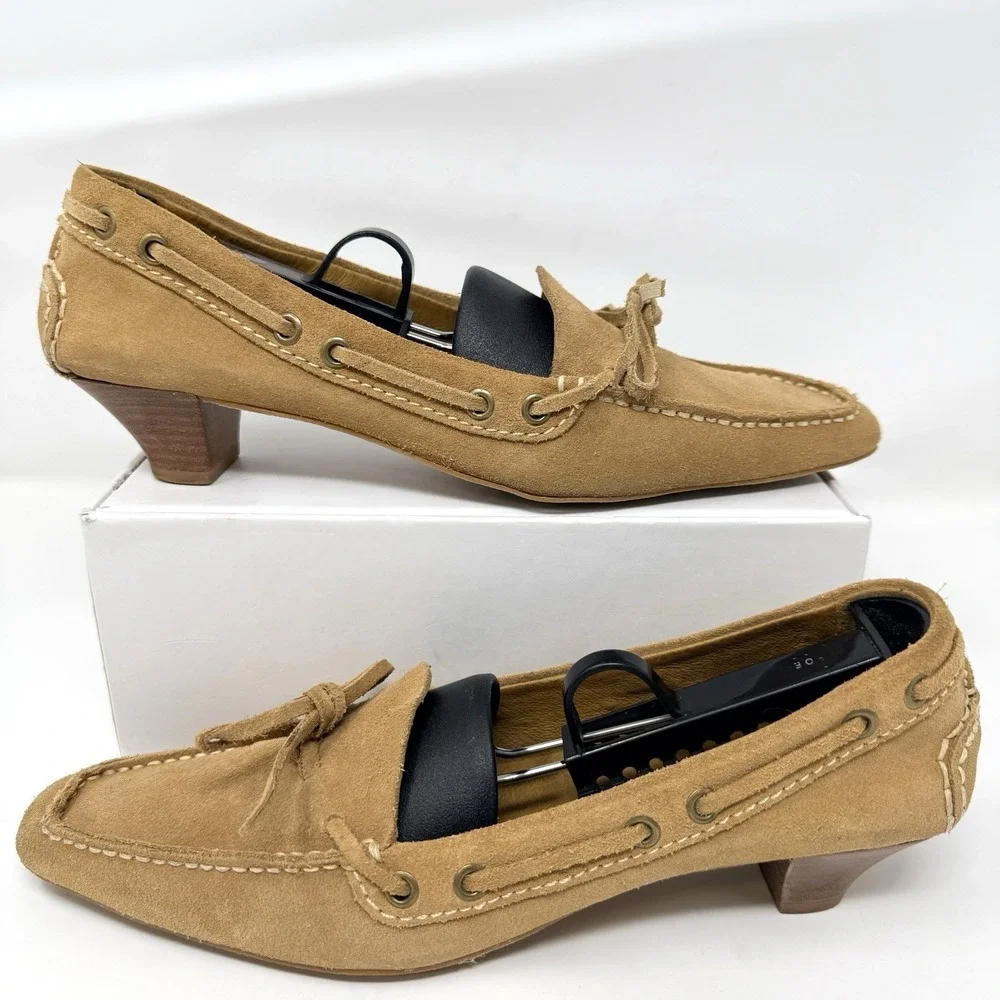 Vintage Eddie Bauer Suede Kitten Heel Loafers Square Toe Tan‎ Women's 8M